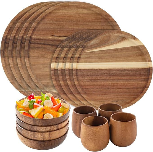 16 Pcs Acacia Wood Dinnerware Set, Includes 4 pcs 9.8-in Round Plates, 4 pcs 7.9-in Round Plates, 4 Solid Wood Bowls, and 4 Tea Cups, Easy to Clean & Lightweight, Perfect for Meals, Snacks & Desserts