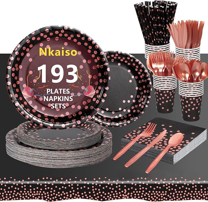 Nkaiso Paper Plates and Napkins Set, 193 Pieces Black and Rose Gold Party Supplies Includes Paper Plates Cups Napkins Straws and Cutlery for Birthday Wedding Holidays Parties Decorations-24 Guests