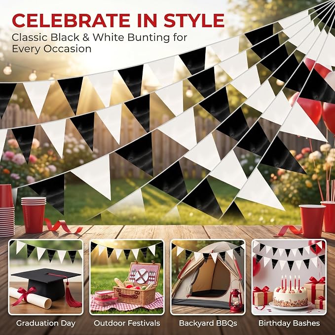 130FT Black White Triangle Pennant Banner Flag Metallic Fabric Bunting Garland for Christmas Graduation Birthday Wedding Bridal Shower Nautical Ahoy Achor Theme Party Decorations Supplies