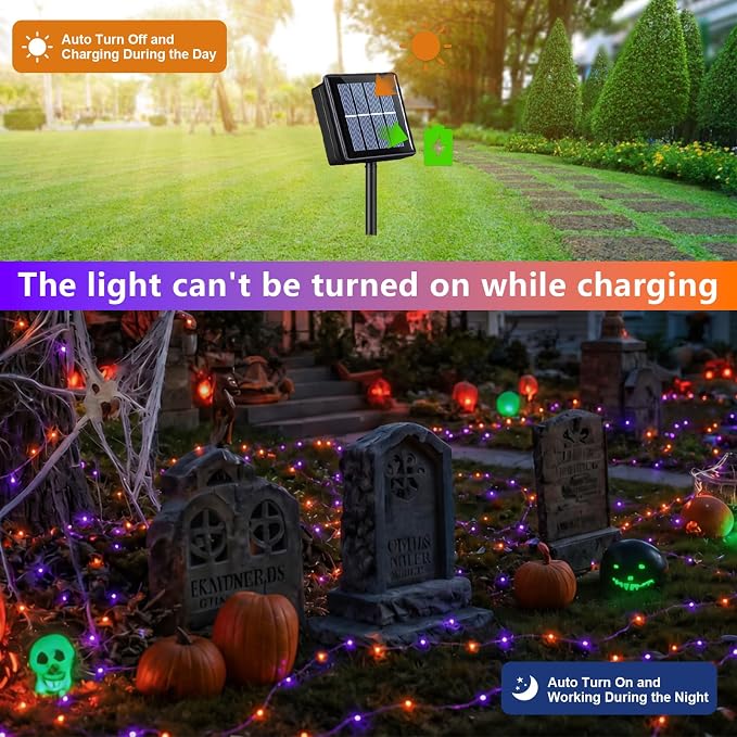 QITONG 4 Pack Solar Halloween Lights, Each 33ft 100 LED Orange and Purple Fairy Lights Outdoor Waterproof, 8 Modes Copper Wire Solar String Lights