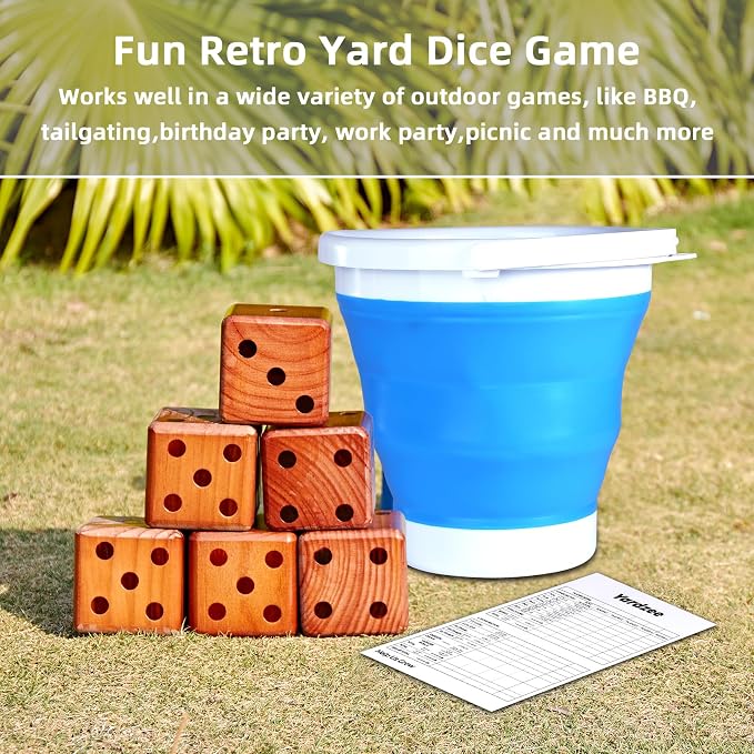 SpeedArmis 3.5" Giant Wooden Yard Dice Set - Large Lawn Yatzee with Scoreboard - Outdoor Beach Backyard Games for Adults Family (Including Collapsible Bucket)
