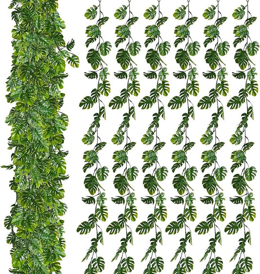 Zeyune 12 Pcs Artificial Monstera Leaf Vines 5.9 ft Fake Hanging Plant Ivy Tropical Palm Leaves Greenery Garland Monstera Faux Vine for Wedding Party Outdoor Decor Garden Porch Jungle Hawaiian Beach