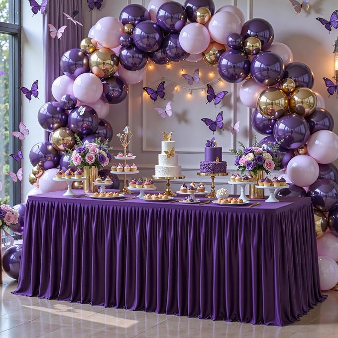 PARTISKY 1 Pack Purple Tablecloths for Rectangle Tables 4ft, Wrinkle Resistant Spandex Table Cover Fitted Stretch Table Cloth with Pleated Ruffle Skirts for Party Banquet Dining Birthday Wedding
