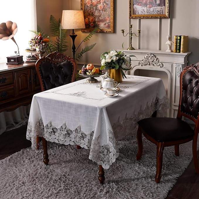 ARTABLE Lace Table Cloths Rectangle Fall Antique Flower Decor Macrame Tablecloth for Outdoor Farmhouse Rustic Kitchen Party Birthday Picnic (White-3, 52 x 70 Inch)