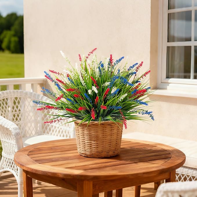 Ammyoo Artificial Faux Plants for Outdoor Spring Decoration, 12 Pcs Fake Monkey Grass for Garden Porch Balcony Planters, Fake Flowers Shrubs UV Resistant No Fade Plants Greenery Bush (Red Blue White)