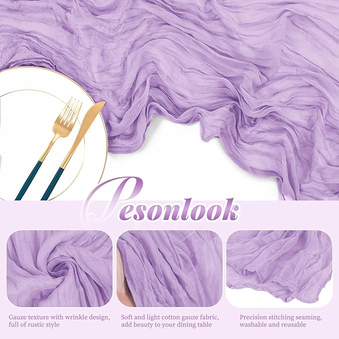 24 Pack Light Purple Table Runner, 10FT Cheesecloth Table Runner Long Romantic Semi Sheer Rustic Boho Gauze Table Runners for Wedding Bridal Shower Birthday Party Decorations(21.5×120 Inch)