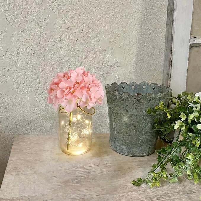 Set of 3 Mason Jar with Lights Blush Hydrangea Decorative Jars Flower Vase Farmhouse Table Centerpiece for Home Wedding Event Party Decor