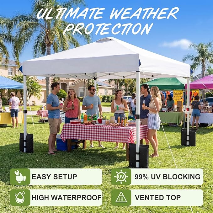 Suteck 10x10 Pop Up Canopy Tent, One-Push Easy Setup Instant Canopy with Vented Top, Waterproof UV Protection, 3 Adjustable Heights for Camping, Party, Beach & Outdoor Events