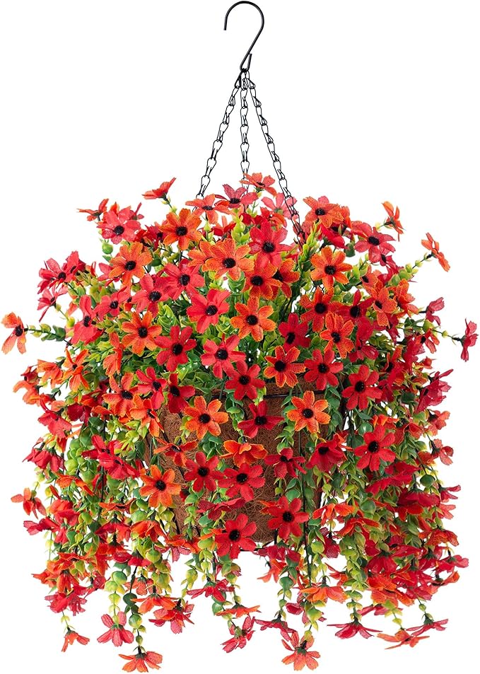 INXUGAO Artificial Hanging Flowers Plants with Basket for Outdoors, Realistic Faux Silk Daisy Flower Eucalyptus for Spring Decor, UV Resistant Fake Plants for Porch Patio Yard Balcony(Red Orange)