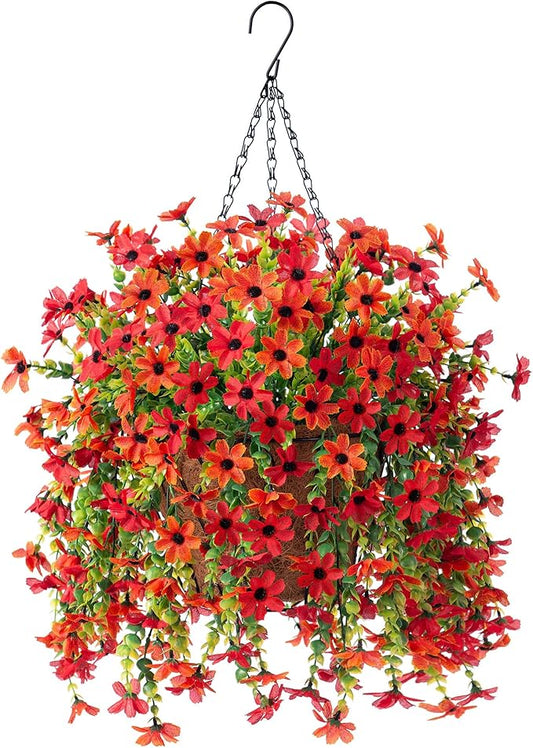 INXUGAO Artificial Hanging Flowers Plants with Basket for Outdoors, Realistic Faux Silk Daisy Flower Eucalyptus for Spring Decor, UV Resistant Fake Plants for Porch Patio Yard Balcony(Red Orange)