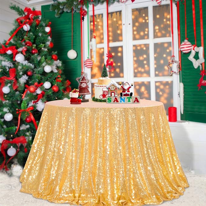 B-COOL Gold Round Tablecloth Party Decorations: 132 Inch Table Cloth Large Sequin Fabric Overlay for Indoor Outdoor Dining Parties Graduation Christmas