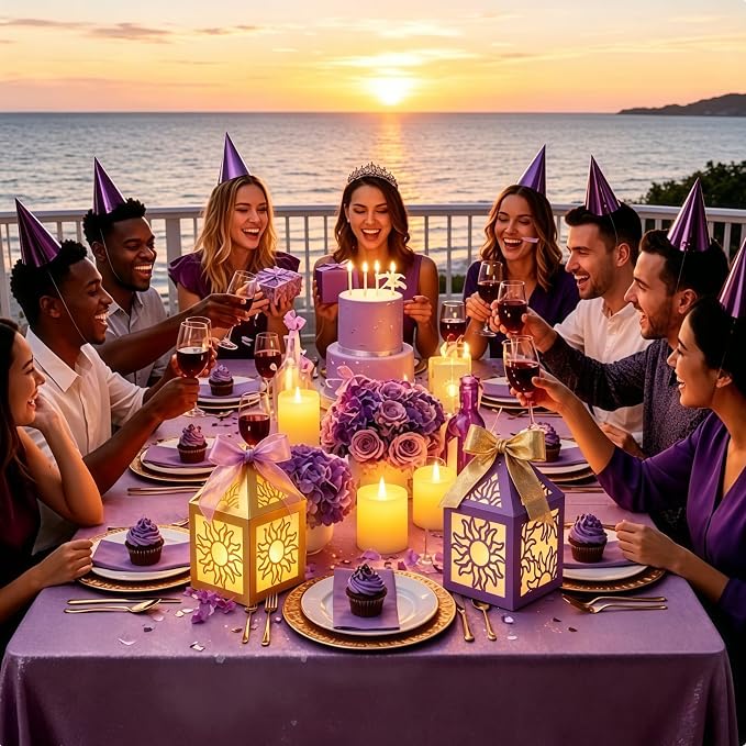 16 Set Sun Lantern Centerpieces with LED Candles and Ribbon, Elegant Paper Lanterns Table Decor for Princess Girls Birthday Party Wedding Festival Decorations (8 Gold + 8 Purple)
