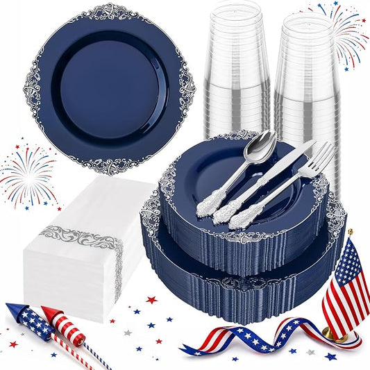 Hioasis 175pcs Blue and Silver Plastic Plates - Elegant Disposable Dinnerware Set Suitable for 25 Guests Include 10.25" Dinner & 7.5" Dessert Plates, Cutlery, Napkins, Cups for Party & Wedding