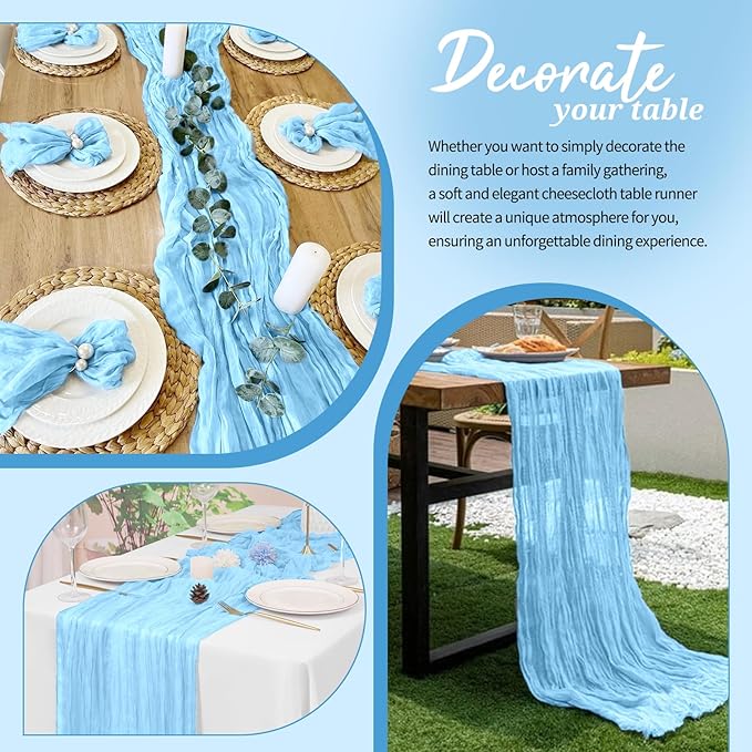 10 Pack Cheesecloth Table Runner Light Blue, Rustic Boho Gauze Fabric Table Runner Romantic Table Runner for Wedding, Festival, Birthday, Anniversary, Dinner and Outdoor Events (17.7 x 108 inch)