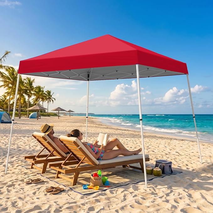 10x10 Pop Up Canopy Tent with Carry Bag, Slant Leg Instant Shade Shelter for Outdoor Events, Camping, Sports, Parties, Red