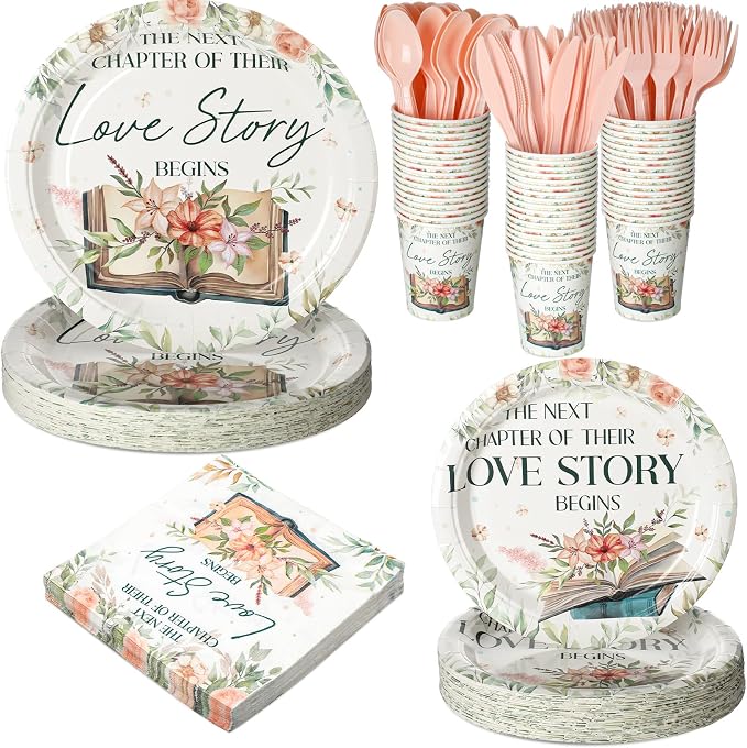 Yungyan 252 Pcs Next Chapter Love Bridal Shower Party Tableware Set Included Plates Napkins Cups Forks Knives Cutlery for Party Decorations Supplies 36 Guests
