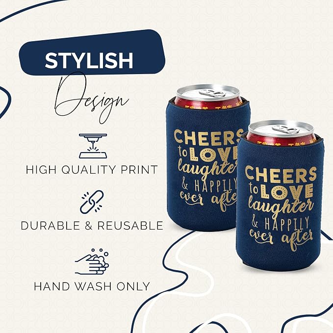 Wedding Can Cooler Decorations Set of 12 - Cheers to Love Laughter and Happily Ever After, Wedding Rehearsal Dinner Decorations - Bridal Showers, Engagement Party Favors for Guests and Supplies