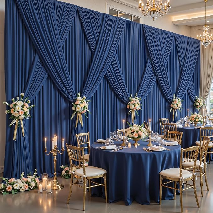 10ftx12ft Wrinkle Free Navy Blue Backdrop Curtain, 2 Panels 12FT Long Wedding Photo Backdrop Drapes, Silky Polyester Back Drop Cloth for Birthday Photography Background Party Backdrop Draping