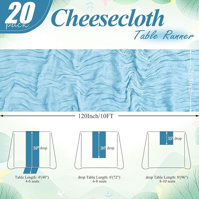 20 Pack Light Blue Cheesecloth Table Runner 10FT Long Boho Gauze Fabric Table Runner Vintage Rustic Sheer Runners for Wedding Party Bridal Baby Shower Table Decorations