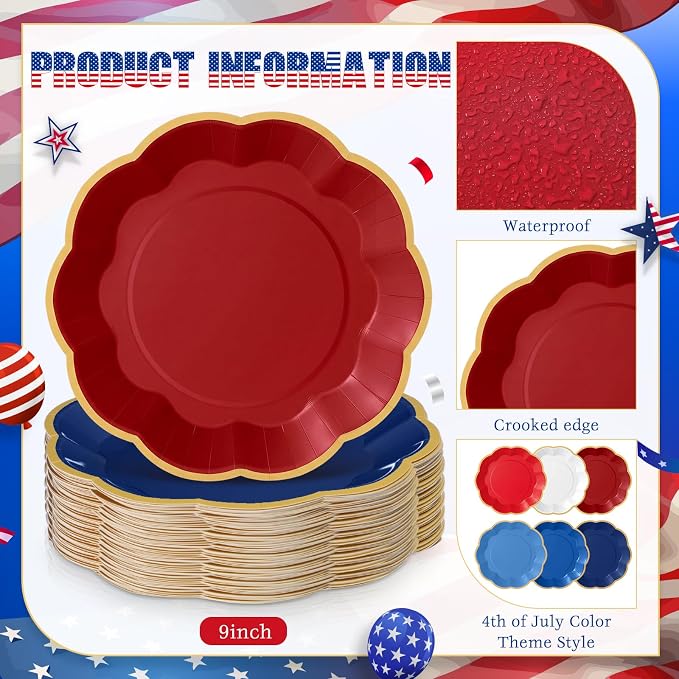 72 Pcs 4th of July Paper Plates 9 Inch Red White and Blue Scalloped Paper Disposable Dinner Dessert Plates for Memorial Day Veterans Independence Day Party Decorations
