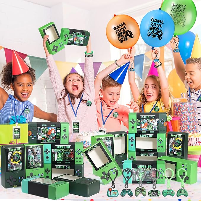 147 Pcs Video Game Party Favors for Kids Gamer Goodie Bag Stuffers Gaming Birthday Party Supplies with Gift Boxes, VIP Pass, Balloons, Bracelets, Keychains, Badges, 3D Stickers (Green)
