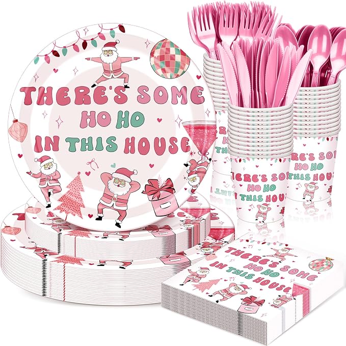 168 Pcs Christmas Party Decorations Pink Friendsmas Christmas Party Supplies Santa Claus Xmas Tableware Set Disposable Paper Plates Cups Utensils Serve 24 for Pink Friendsmas Holiday