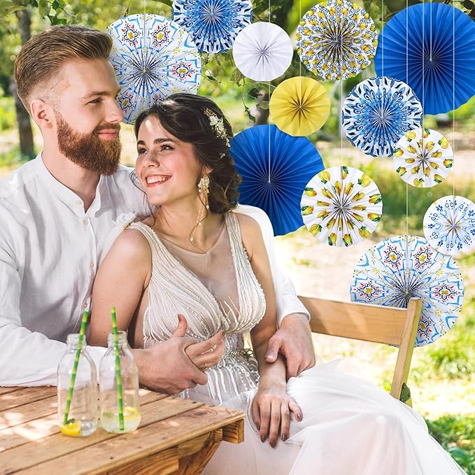 Feifeiya 12 Pcs Capri Lemon Hanging Paper Fans 8'' 12'' 16'' Blue and Yellow Capri Lemon Paper Fans Set Round Porcelain Print Hanging Summer Mediterranean Decorations for Birthday Wedding Events Party