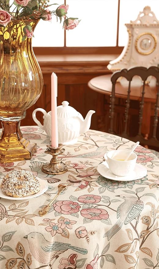 patdrea Vintage French Linen Tablecloth,Round,Diameter 67"-Kulom A | Elegant Table Cloth for Round Table,Leaves and Bird Patterned,Dining Room Tea Party Thanksgiving Decor,Pink