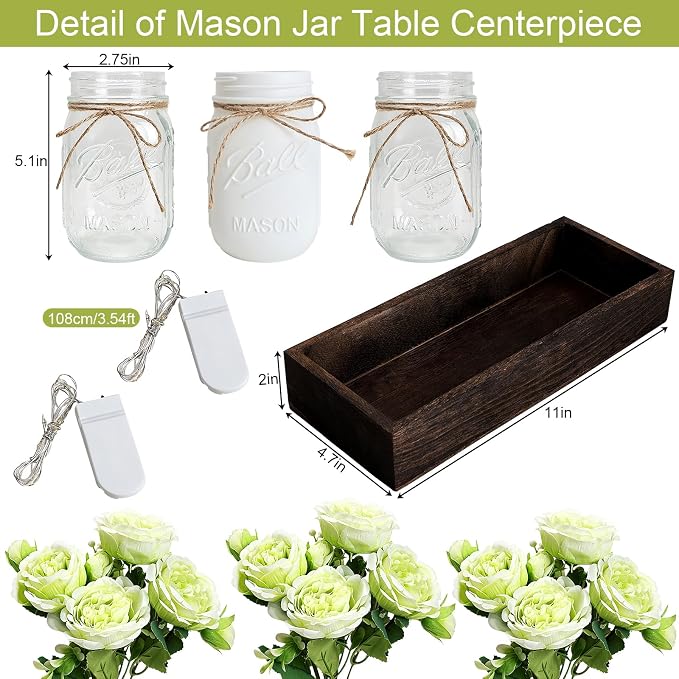 Green Mason Jar Table Centerpiece with Light for Kitchen Dining Room | 3 Piece Farmhouse Coffee Table Decor with Fake Flowers Wood Tray for Living Dining Room Bathroom Wedding Outdoor Decoration
