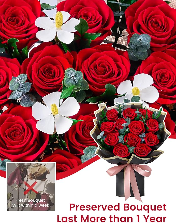 Mosstory 12 Red Preserved Roses Bouquet Flower Bouquet with Led Lights Gift for Women Wife Mother Day Birthday Wedding Anniversary (Black)
