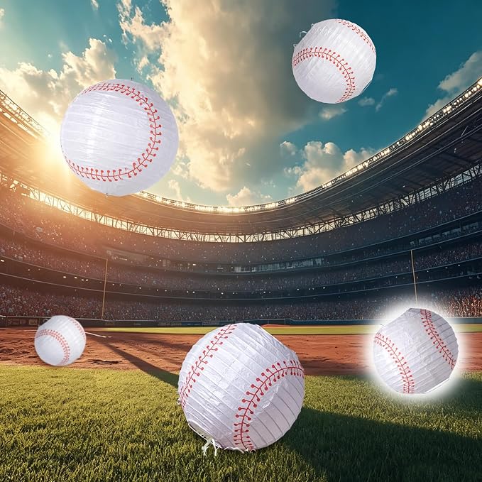 Easy Joy 8'' Baseball Paper Lanterns Sports Team Party Baseball Hanging Lantern Softball Party Decorations 3 Pieces