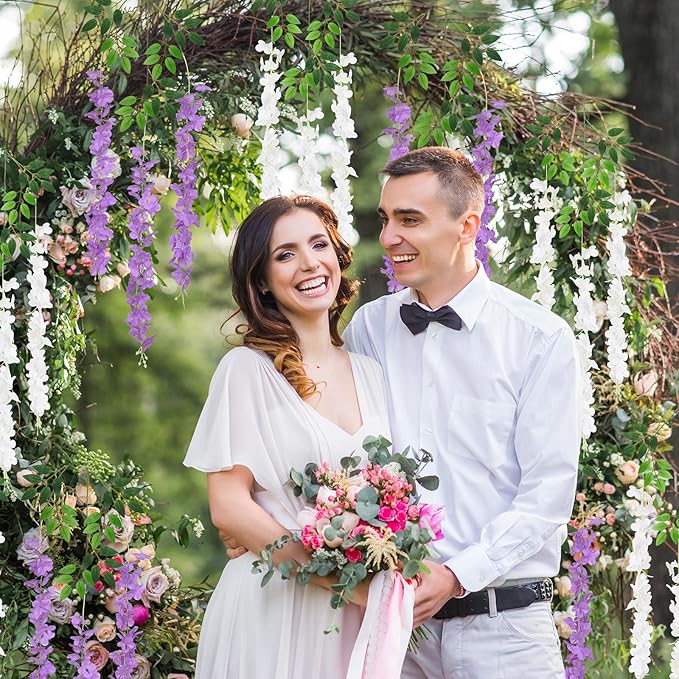 48Pcs Artificial Wisteria Hanging Flowers, 3.6Ft/Pcs White & Purple Fake Wisteria Garland for Wedding Party Home Garden Indoor Outdoor Decoration