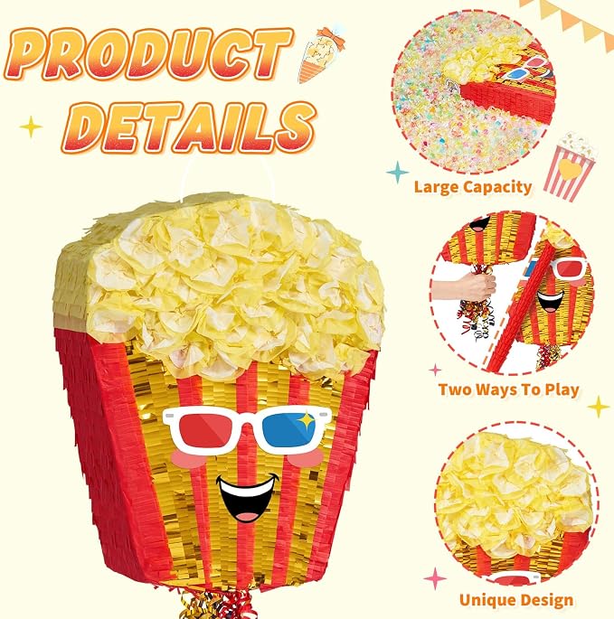 WERNNSAI Popcorn Piñata - Pull String Piñata with Stick and Blindfold, for Video Movie Night Holiday Celebration, Parties Carnivals Games Supplies (16.5"x12.4"x3")