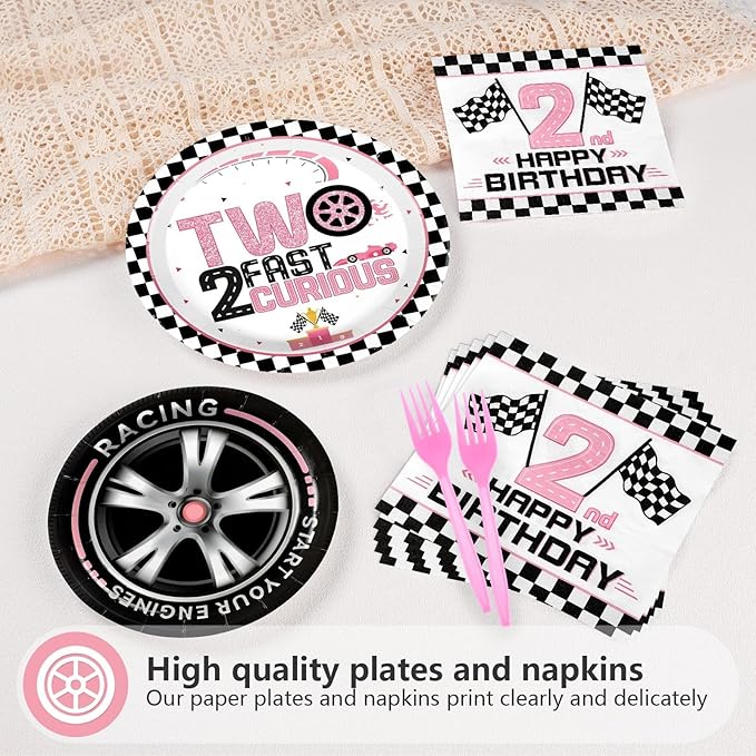 Grencian 96Pcs Two Fast Birthday Party Supplies Pink Race Car 2nd Party Plates and Napkins Checkered Flag Tableware for Kids Girls Racing Car 2 Year Old Birthday Decorations Serves 24