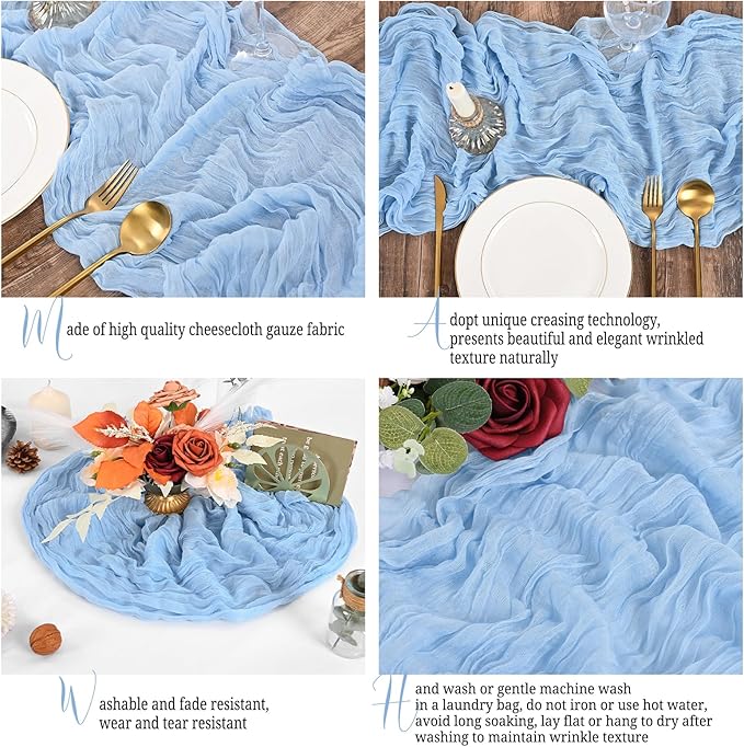 15 Pack Light Blue Table Runner 17 x 108inch Cheesecloth Table Runner Boho Gauze Table Runners Rustic Long Sheer Fabric Cheese Cloth Table Runners for Wedding Party Bridal Shower Farmhouse Home Decor