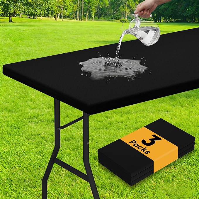 Smiry 3 Pack Rectangle Table Cloth, Elastic Fitted Flannel Backed Vinyl Tablecloths for 5ft Folding Tables, Waterproof Wipeable Table Covers for Indoor, Outdoor, Camping and Picnic (Black, 36"x60")
