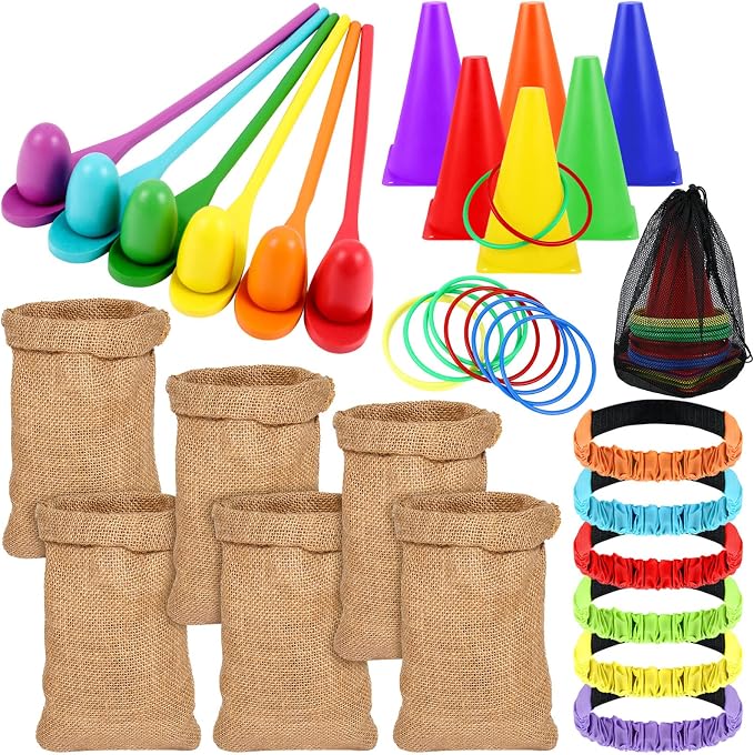 Sumind 40 Pcs Outdoor Games Burlap Potato Sack Race Bags Field Day Games Legged Race Bands Egg and Spoon Outdoor Picnic Carnival Lawn Backyard Activities for Adults Kids