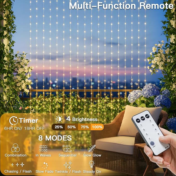 suddus Tangle-Free Curtain Lights,200 LED 6.5x6.5ft Hanging Lights with Hooks, Curtain Lights for Bedroom,Christmas, Dorm, Wall, Backdrop, Window, Wedding, Party, Birthday Decor, Warm White