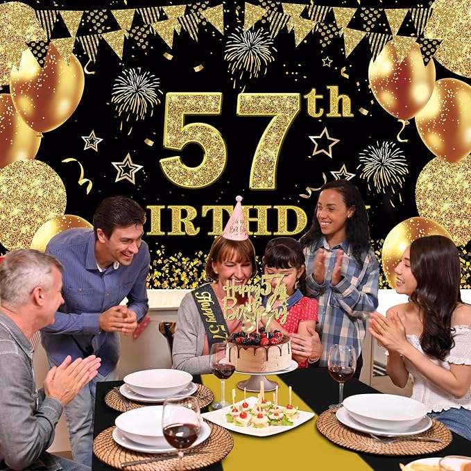 57th Birthday Decorations Men Women with 57th Birthday Banner, Black and Gold Table Cloth, Number Balloons, Sash, Cake Topper and Candles