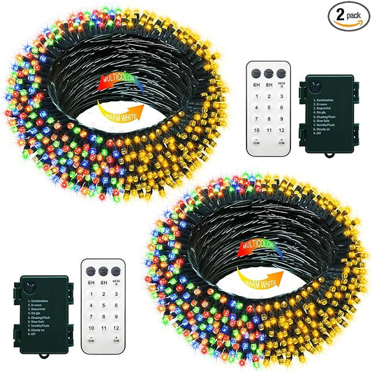 2 Pack Christmas Color Changing String Lights Battery 33 Ft 100 LED | Green Wire,Remote Control, Timer, 12 Lighting Modes,Waterproof,Fairy Lights for Bedroom Wreath Christmas Decor