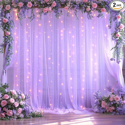 Lavender Tulle Photo Backdrop Curtain with Lights String for Parties Wedding Bridal Shower Sheer Lavender Curtain Backdrop for Birthday Baby Shower Photo Booth Photography 10ft x 8ft