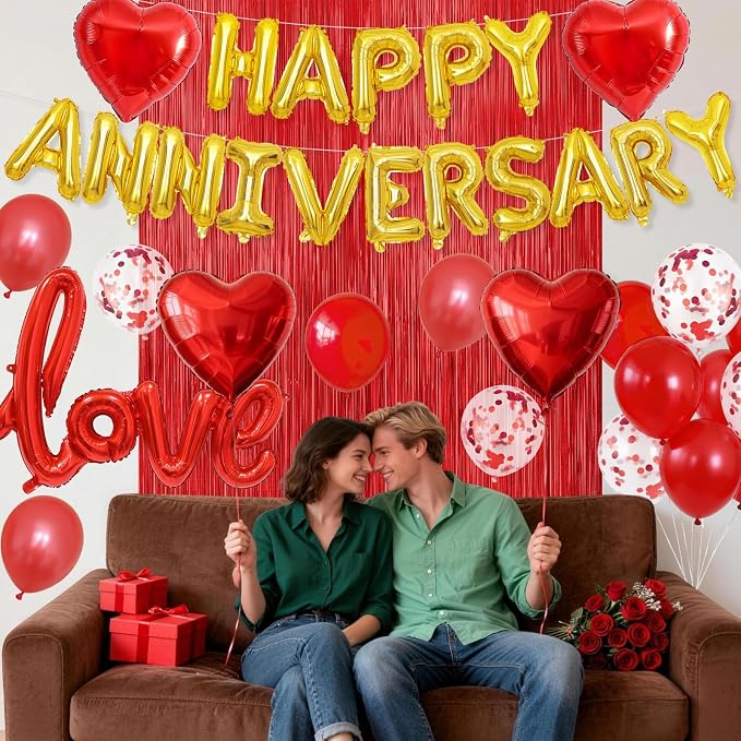 Anniversary Decorations Red,Happy Anniversary Balloon Banner with love and Heart Foil Balloons Fringe Curtain for Wedding Party Valentine's Day Romantic Night Surprise