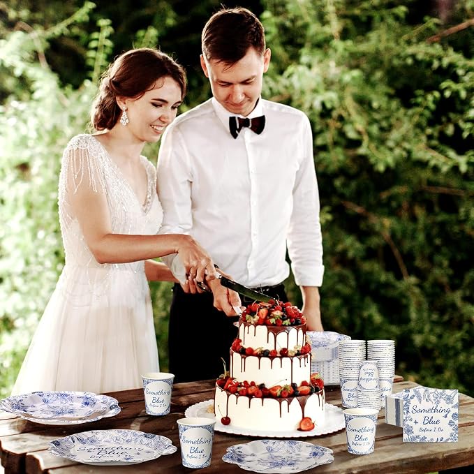 Newtay 250 Pcs Something Blue Bridal Shower Decorations Scalloped Blue and White Floral Plates and Napkins Bridal Shower Disposable Paper Tableware Set for 50 Guests for Wedding Engagement Party