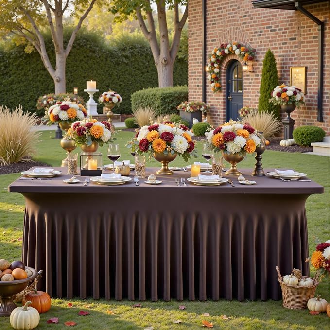 NSSONBEN 2 pk Brown Spandex Tablecloth for 8 Foot Rectangle Tables,Wrinkle Free Fitted Spandex Table Covers 8ft Coffe Stretch Table Cloths with Ruffle Skirt for Parties Weddings Banquet Baby Shower