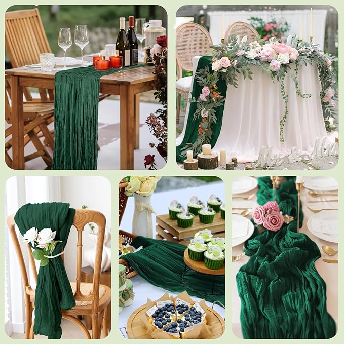 Wokceer Cheesecloth Table Runner 3Pack 10FT Emerald Green Christmas Boho Gauze Cheese Cloth Table Runner for Party Long Rustic Sheer Table Runners for Baby Bridal Shower Wedding Easter Table Decor