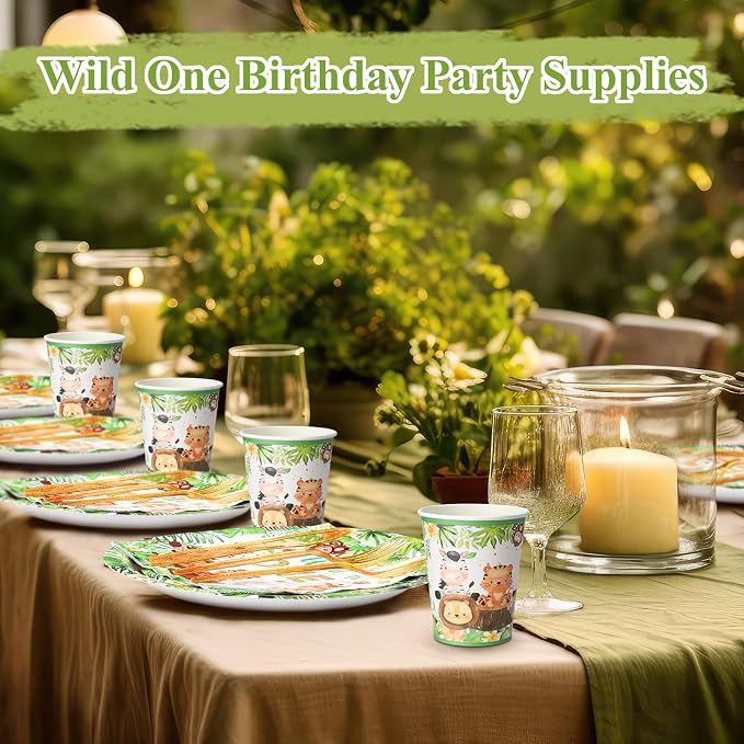 Funnymoom 400 Pcs Wild One Birthday Party Supplies for 50 Guests 1st First Safari Jungle Baby Shower Disposable Plate Napkin Cup Spoon Fork Knives for Boys Animal Party Decoration