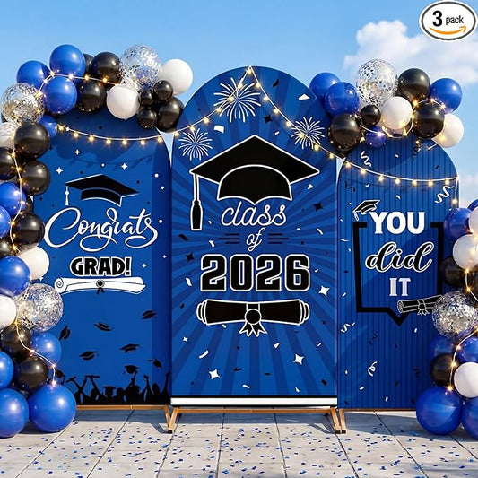 WovWeave Graduation Arch Backdrop Stand Cover Set of 3-4ft 5ft 6ft Grad Arch Cover Photo Booth Backdrop Decorations for Graduation Party Decor Supplies(Blue Black,Class of 2026)