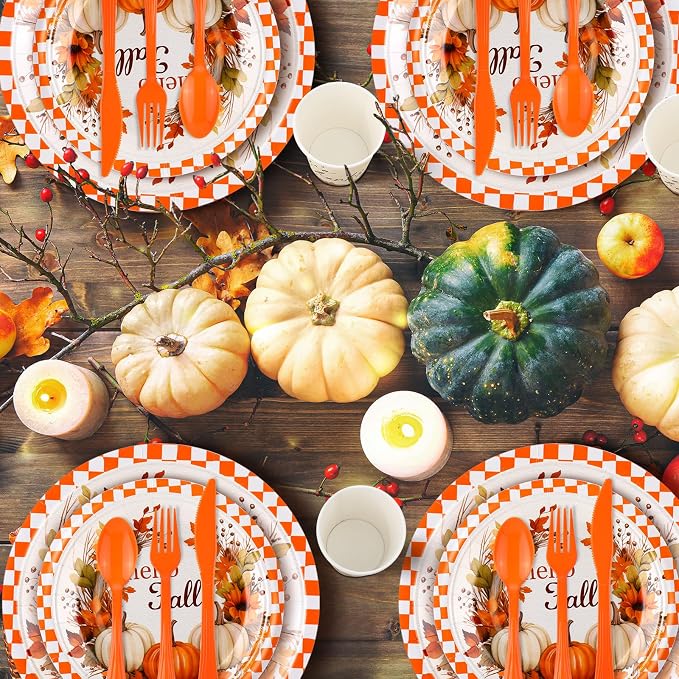 Sliner 350 Pcs Fall Paper Plates and Napkins Sets Party Supplies Thanksgiving Disposable Tableware Set Heavy Duty Pumpkin Paper Plates Orange Fall Cups Napkins Knife Fork Spoon, Serve 50 Guests