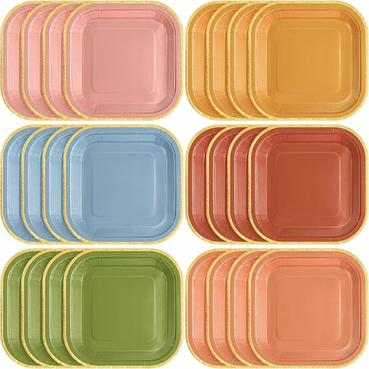 60 Pcs Bright Wildflower Colorful Vintage Paper Plates 7 Inch Gradient Disposable Square Dessert Party Plates with Gold Edge for Birthday Wedding Bridal Baby Shower Party Supplies, 6 Colors