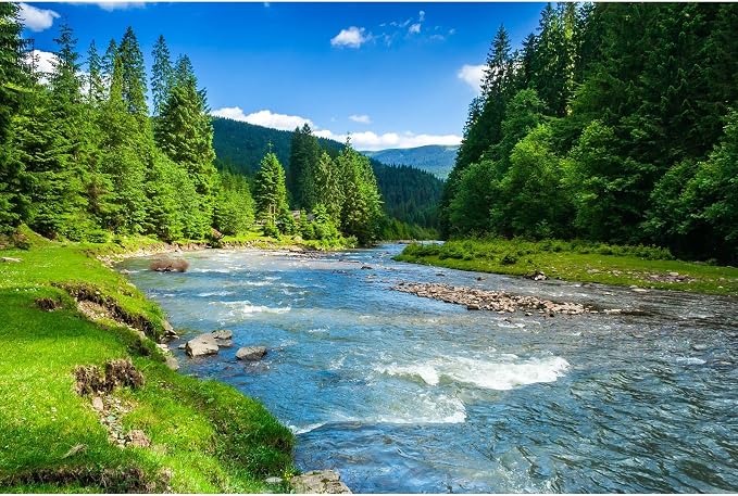 River Stream Backdrop Mountain Forest Pine Trees Natural Landscape Photography Background Clouds Blue Sky Outdoor Games Theme Party Background Decorations Jungle Trees Backgrounds Props 5x3ft